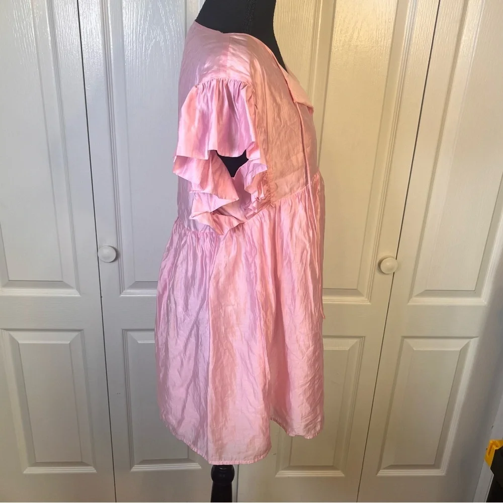 Storia Pink Babydoll Mini Dress Sz M V Neck Flitter Sleeves Satin Sheen Rush